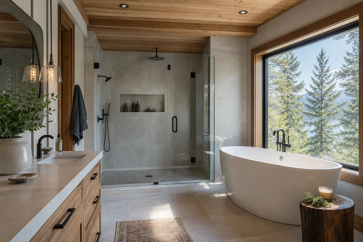 Modern North Idaho bathroom remodel with walk-in shower, freestanding tub, and evergreen views through the window