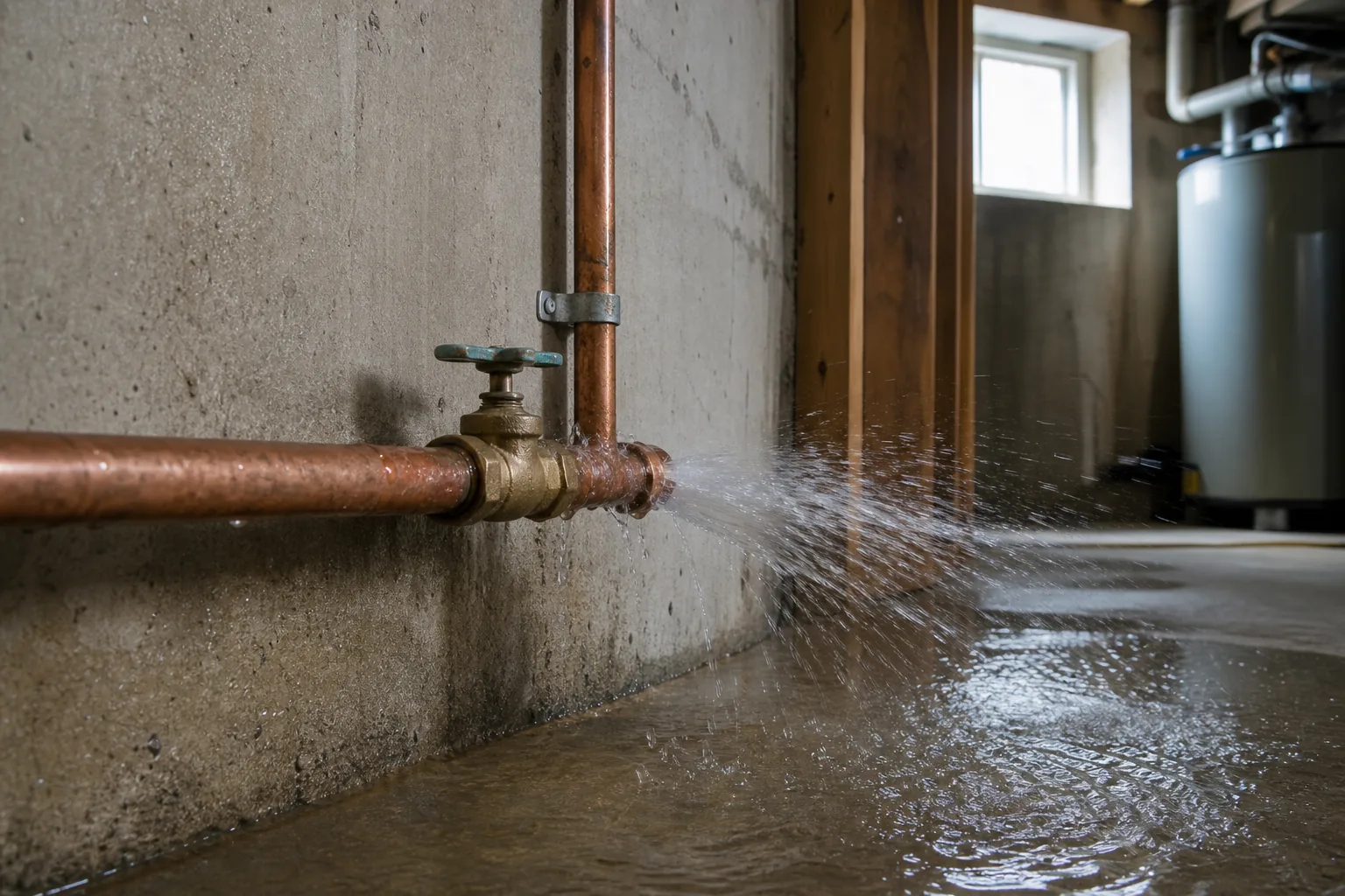 Burst copper pipe spraying water onto a basement floor, the kind of rupture homeowners face after a hard freeze