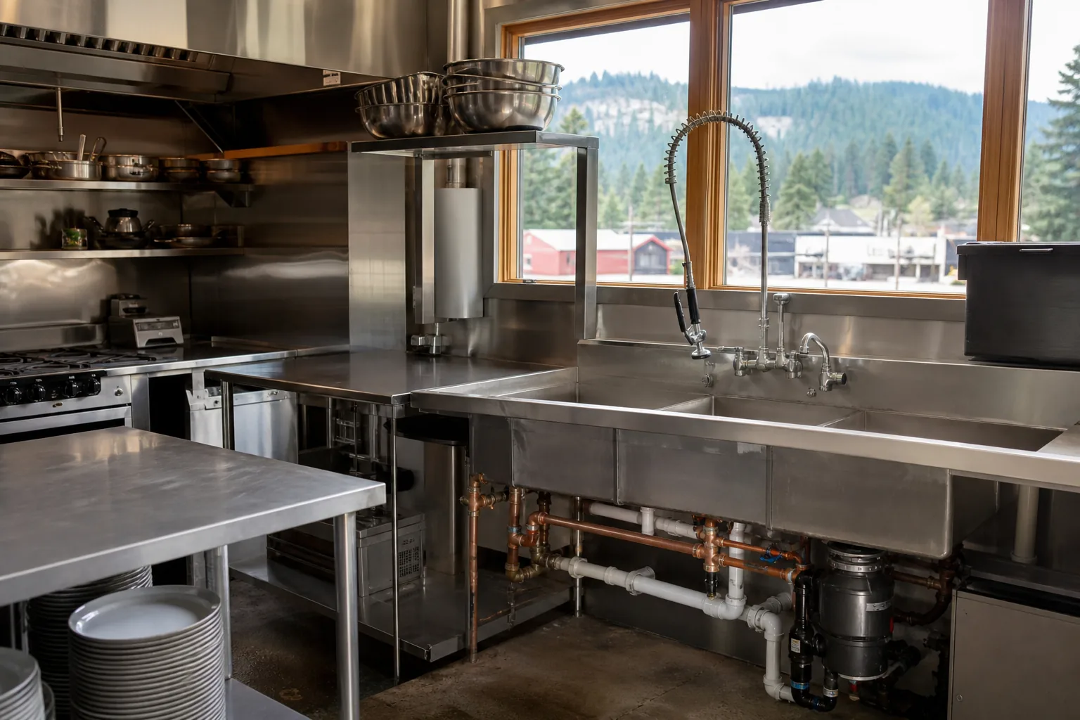 Commercial kitchen with stainless prep tables and sink plumbing, typical of North Idaho restaurant and retail builds