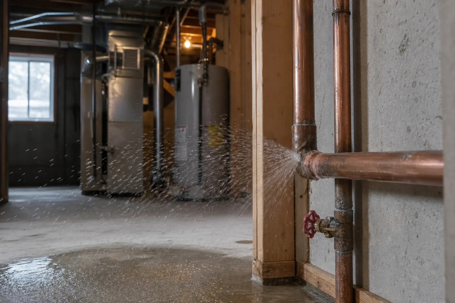 Burst copper pipe spraying water onto a basement floor, the kind of plumbing emergency that needs a same-day call in Spirit Lake