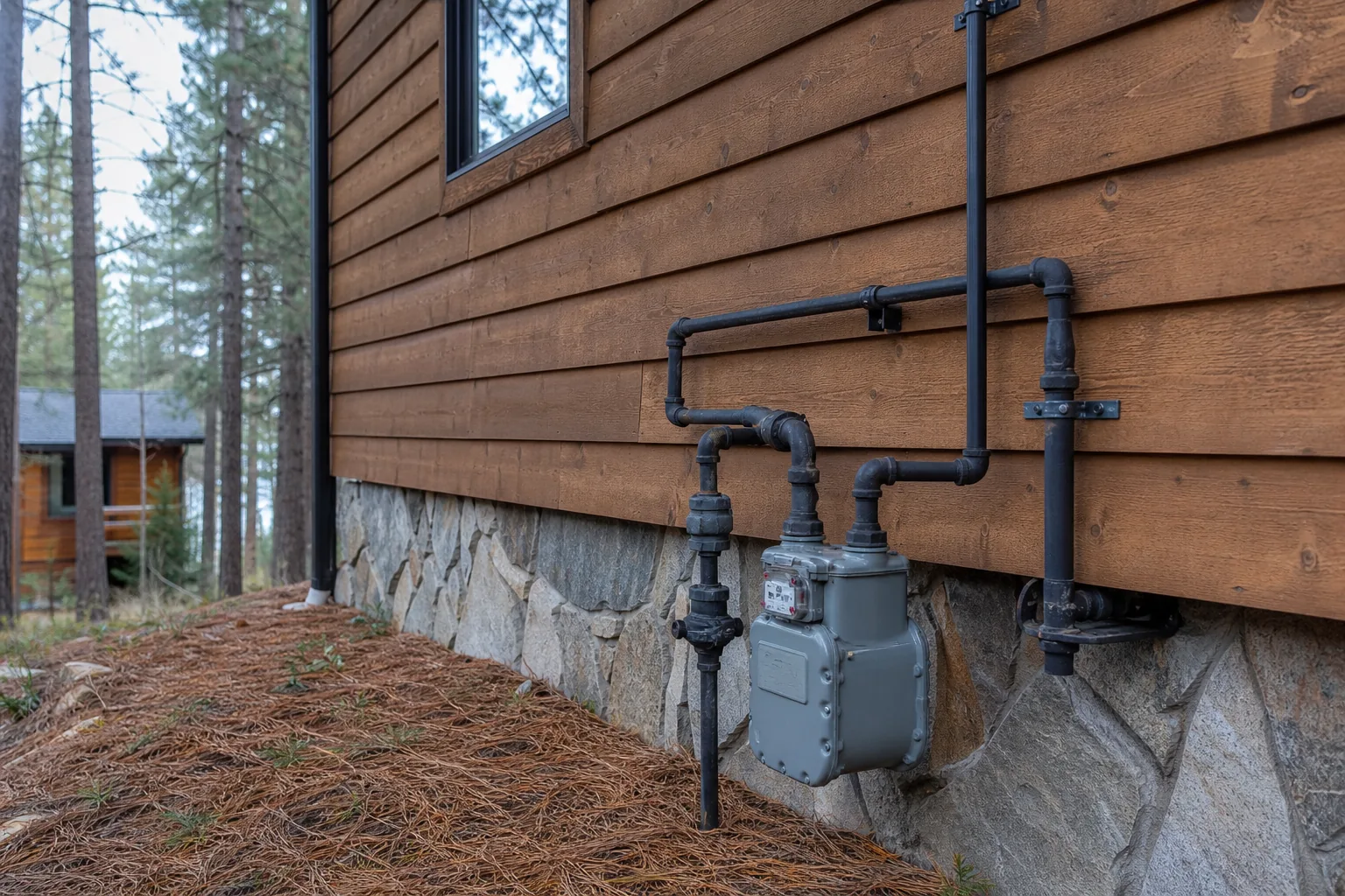 Natural gas meter and black iron piping on the exterior wall of a wood-sided North Idaho cabin among pines