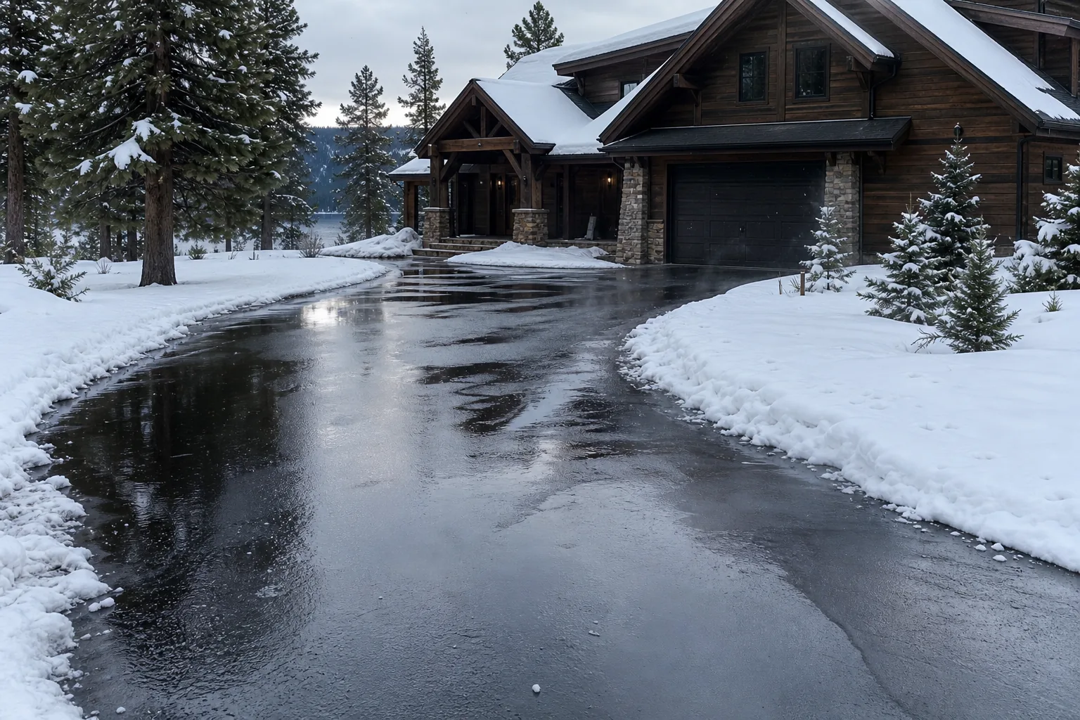 Heated North Idaho driveway melting snow into wet dark asphalt with steam rising, snow banks along the edges, timber home and pines behind
