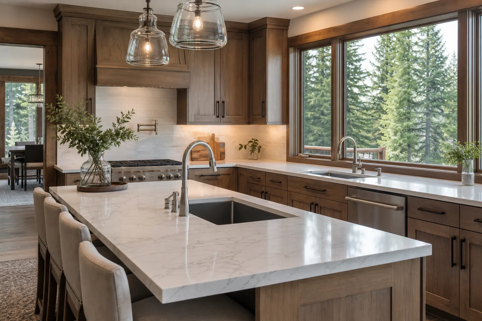 Bright remodeled North Idaho kitchen with island sink, updated fixtures, and evergreen trees outside the window
