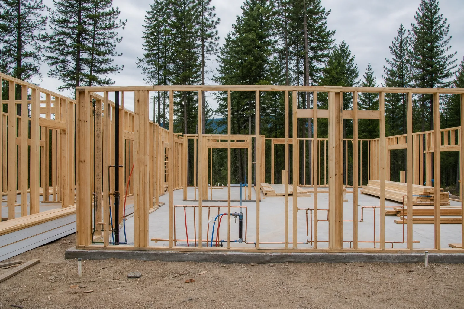 Wood-framed North Idaho house under construction with plumbing rough-in pipes visible in open walls among pines