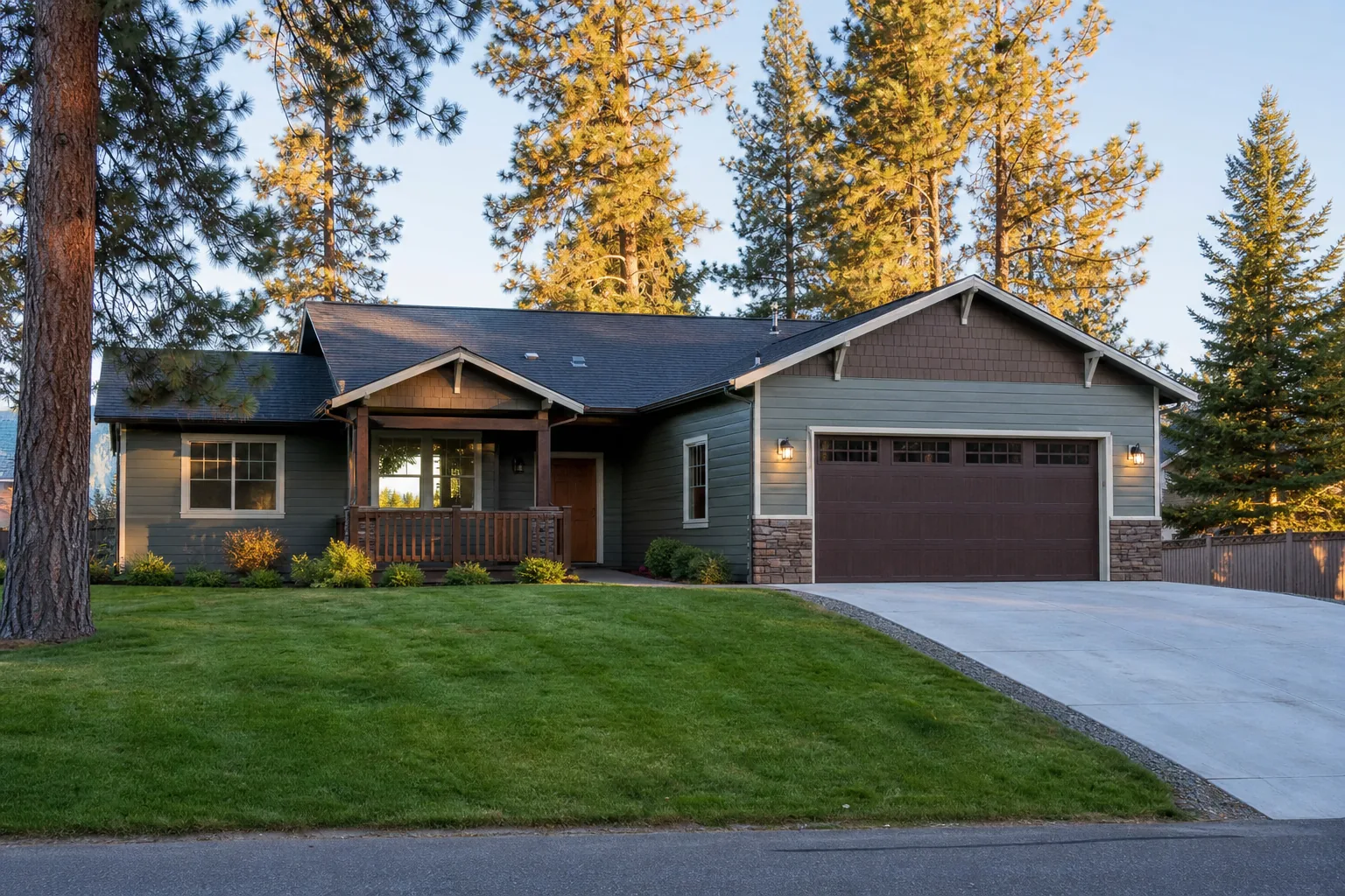 Craftsman-style home with front porch and pine trees on a quiet Spirit Lake residential street