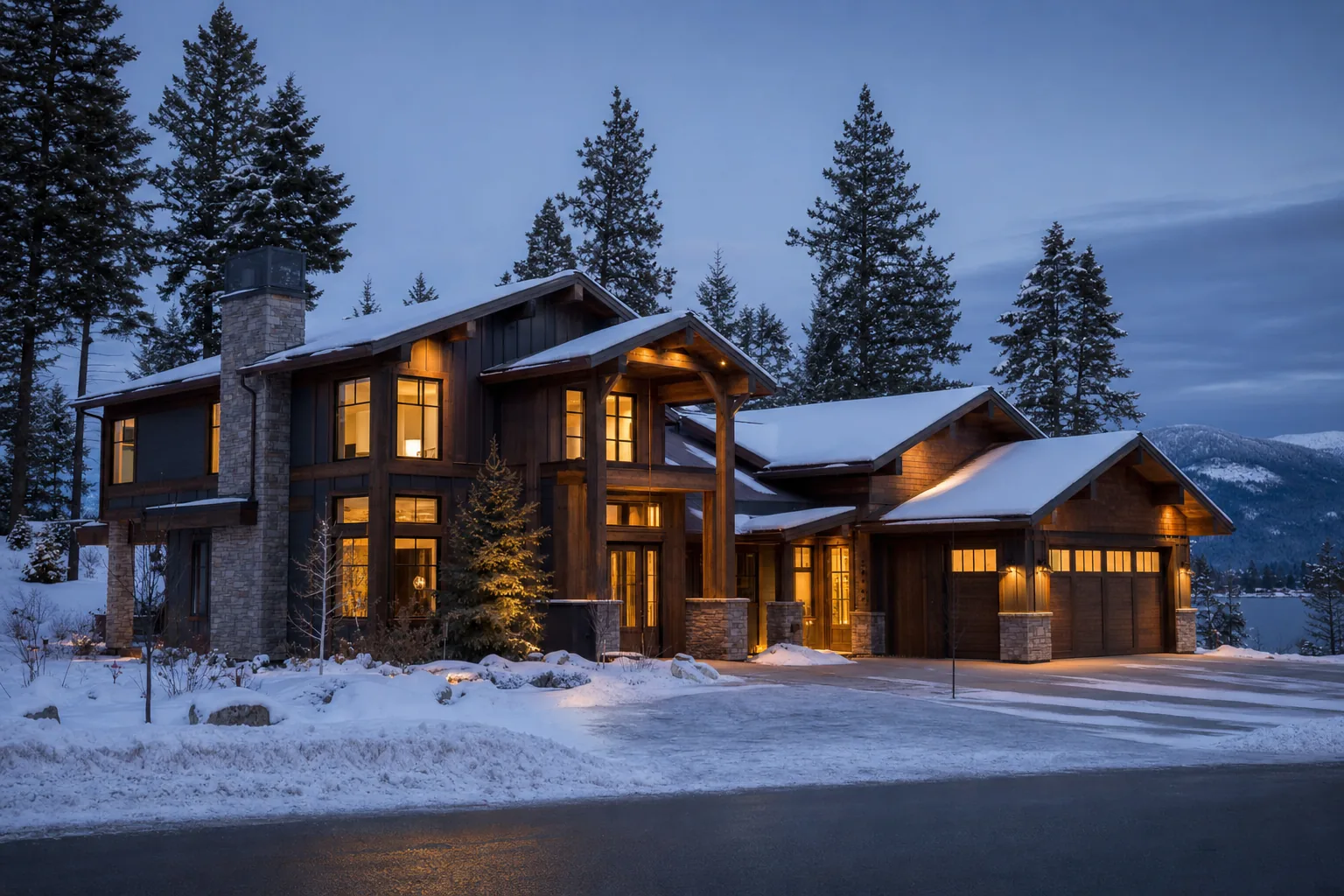 Modern timber-and-stone North Idaho home glowing at dusk with light snow on the pines