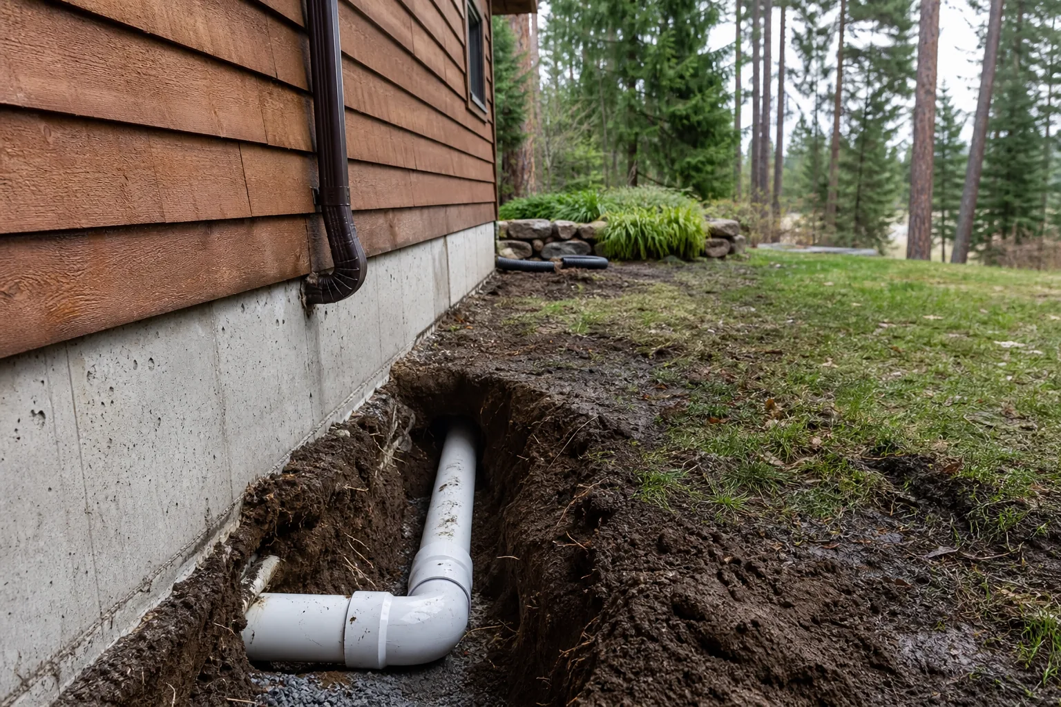 White sewer pipe exposed in a trench beside a cedar-sided North Idaho home foundation