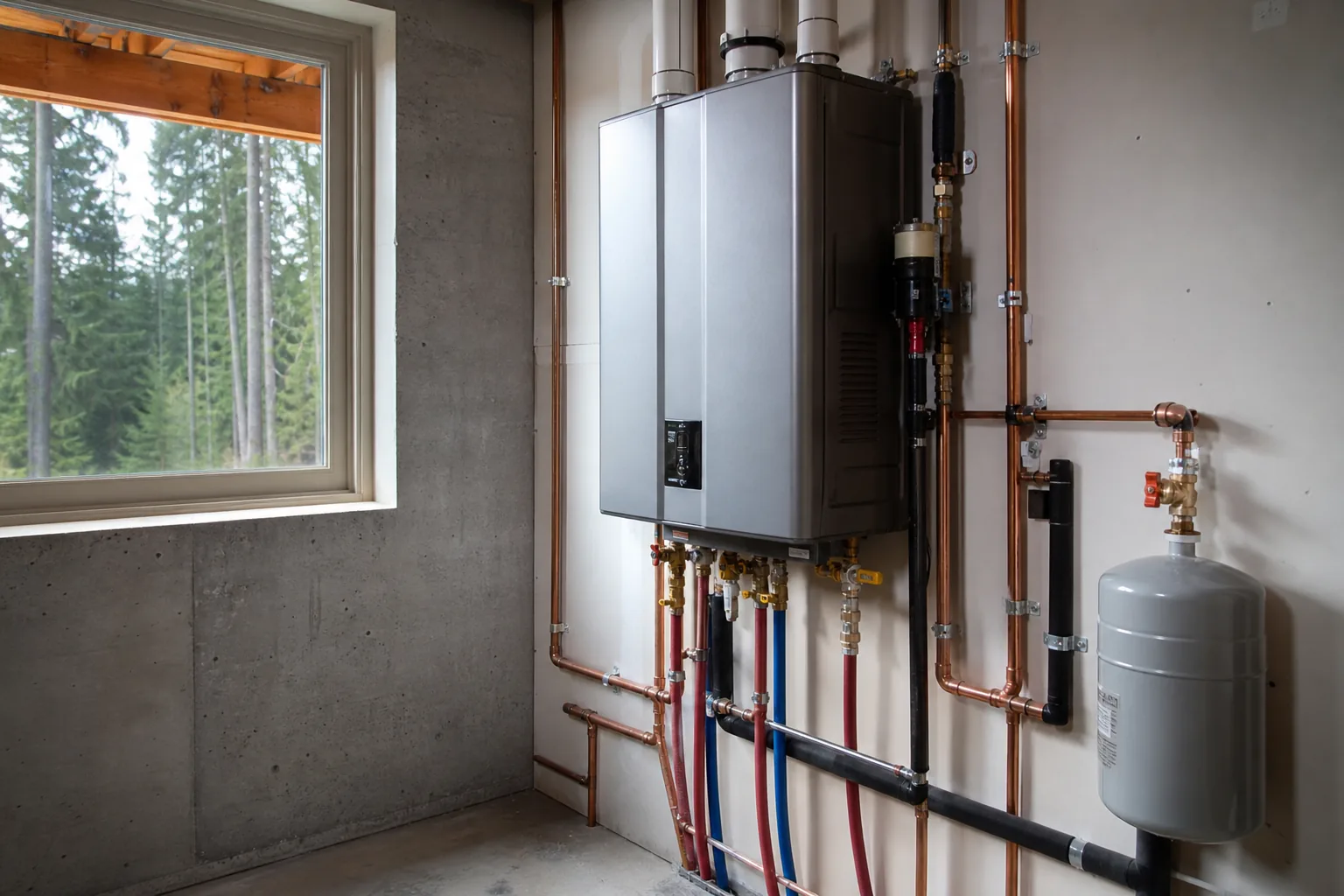 Wall-mounted tankless water heater with copper and PEX piping in a clean North Idaho basement utility room