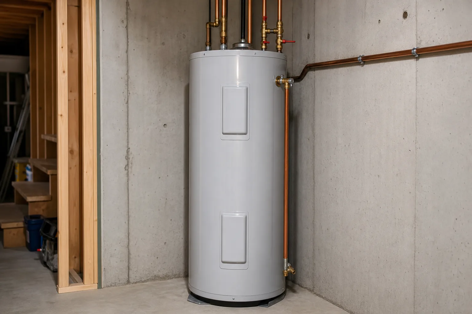 Residential tank water heater with copper piping installed in a clean unfinished Idaho basement utility corner