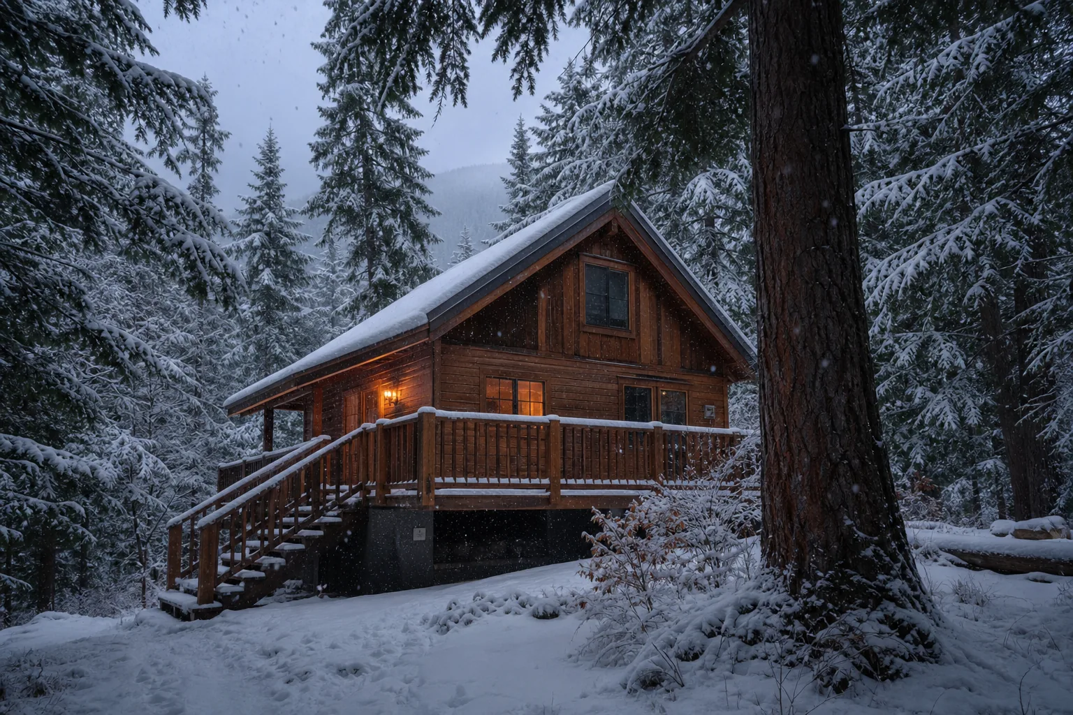 Rustic cabin in a snowy North Idaho forest with warm porch light, a reminder to winterize before deep cold