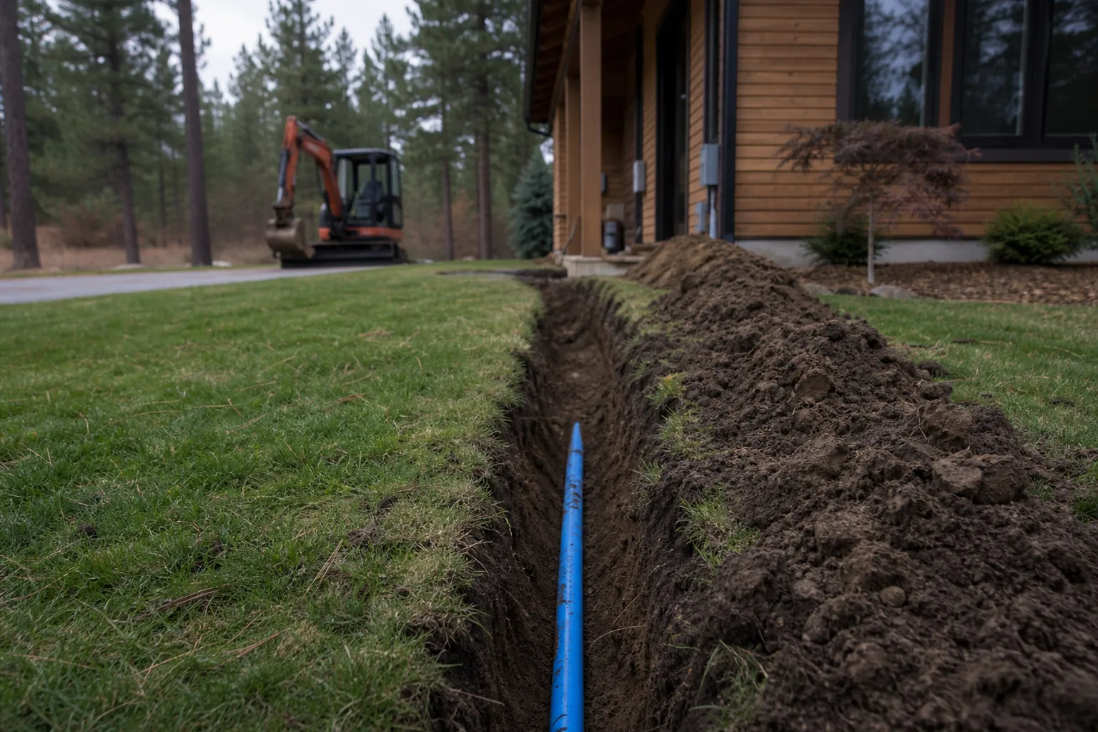 Trench dug through a residential lawn exposing a blue water service line toward a cedar-sided North Idaho home