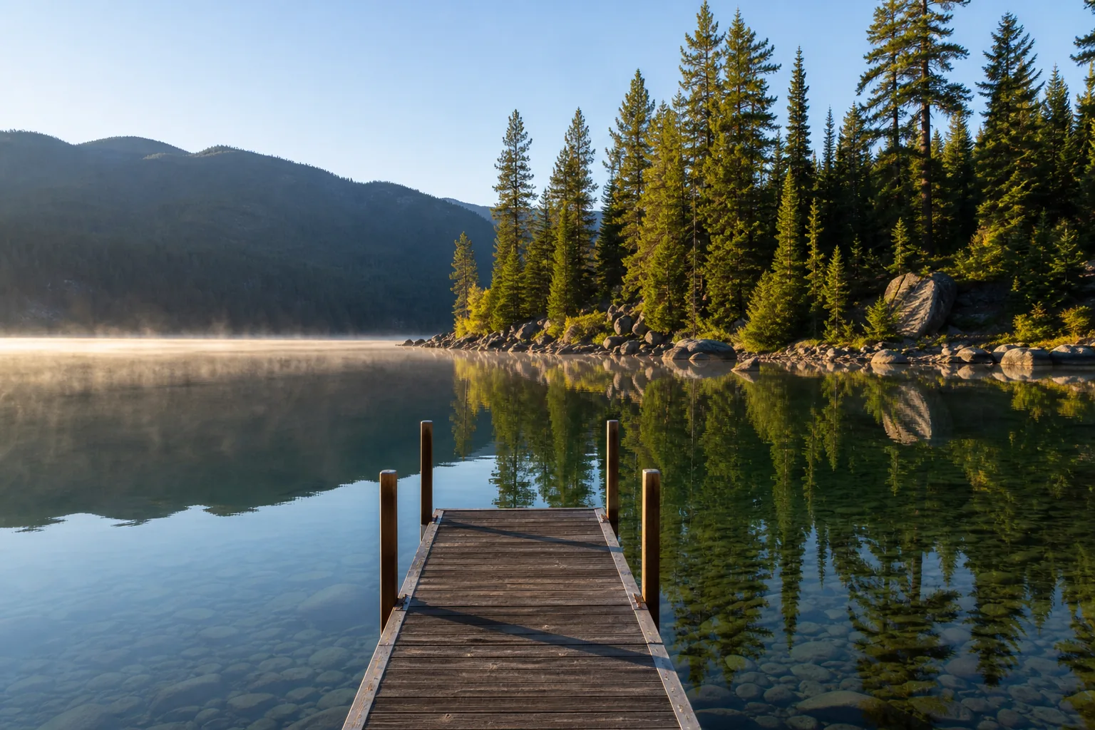Wooden dock on a clear Idaho Panhandle lake with evergreen forest reflected in still water